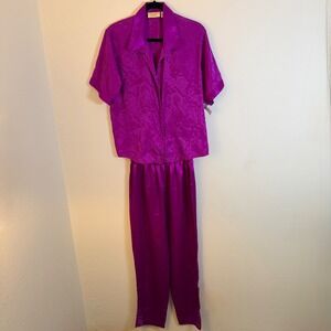 VTG Victoria's Secret Womens S Magenta Satin Floral Damask Pajama Set Y2K